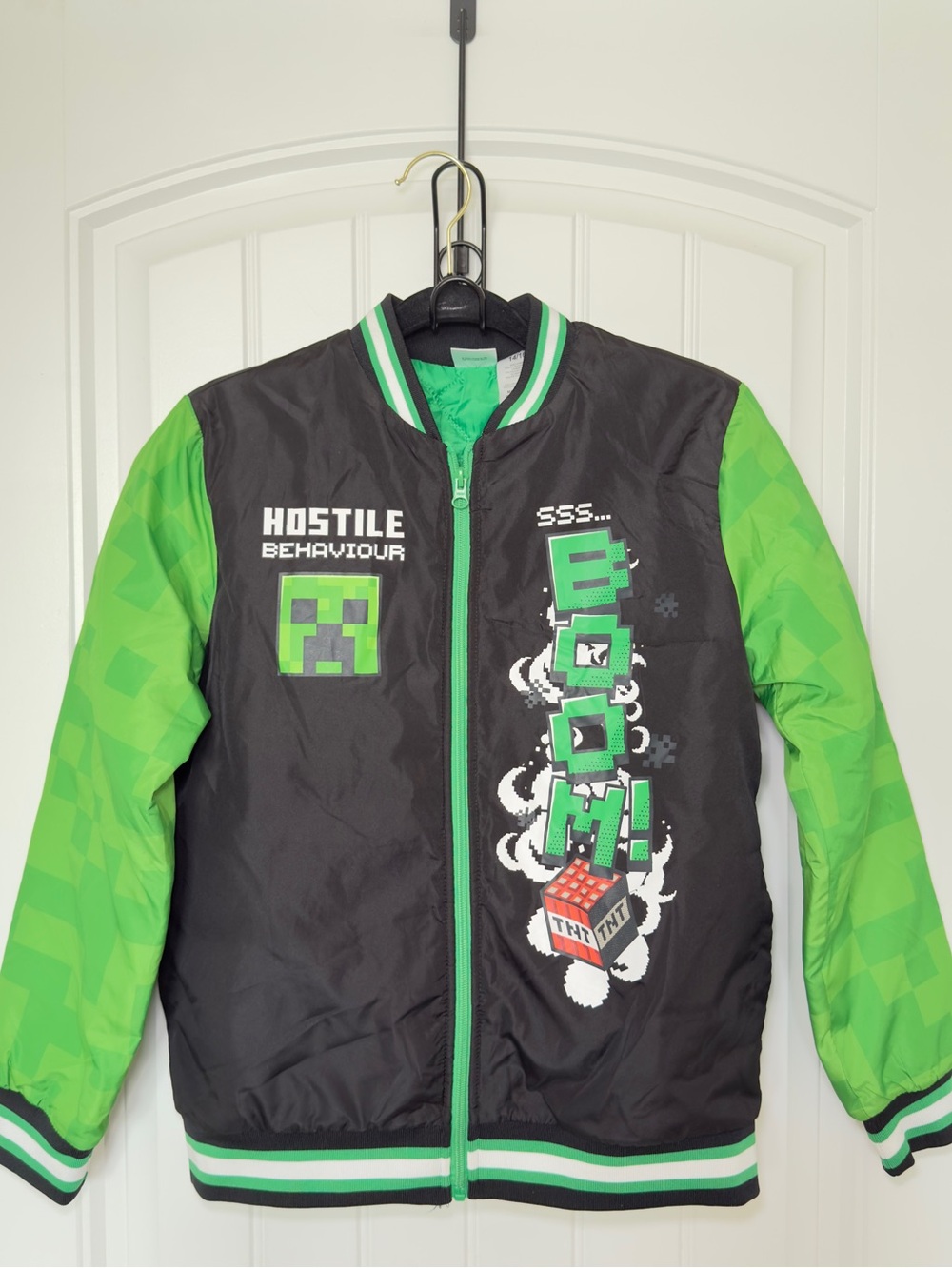 Minecraft Boys 14/16 Hostile Behavior Bomber Jacket Green Creeper Graphic Detail